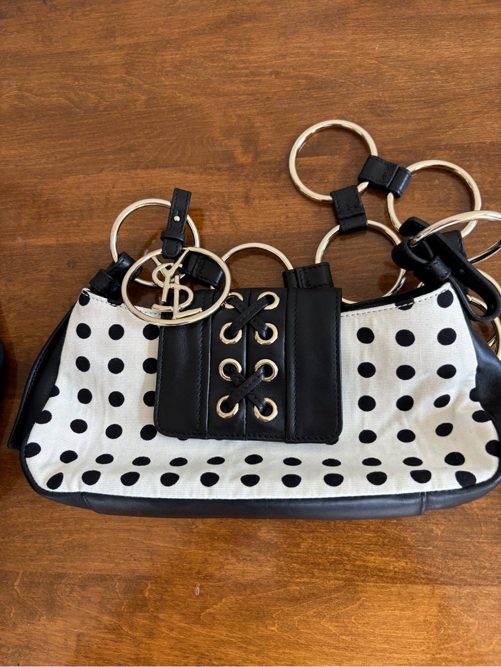 Saint Laurent Black & White Polka Dot Shoulder Bag with Gold Rings